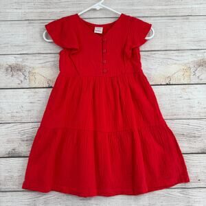 Hanna Andersson Button Front Tiered Dress Youth Girls 5 Red NEW